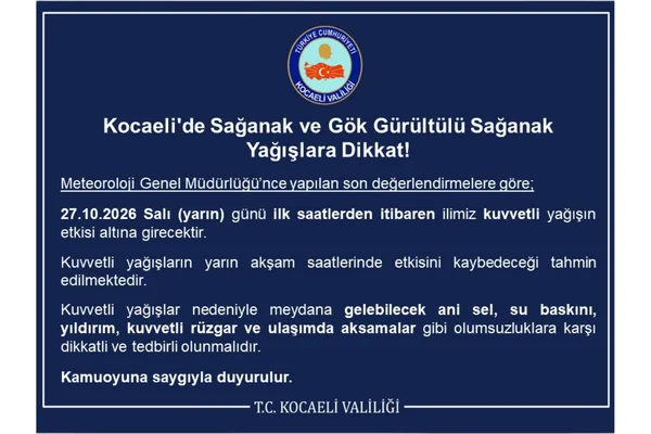 Kocaeli’de kuvvetli yağış nedeniyle sel ve su baskını uyarısı